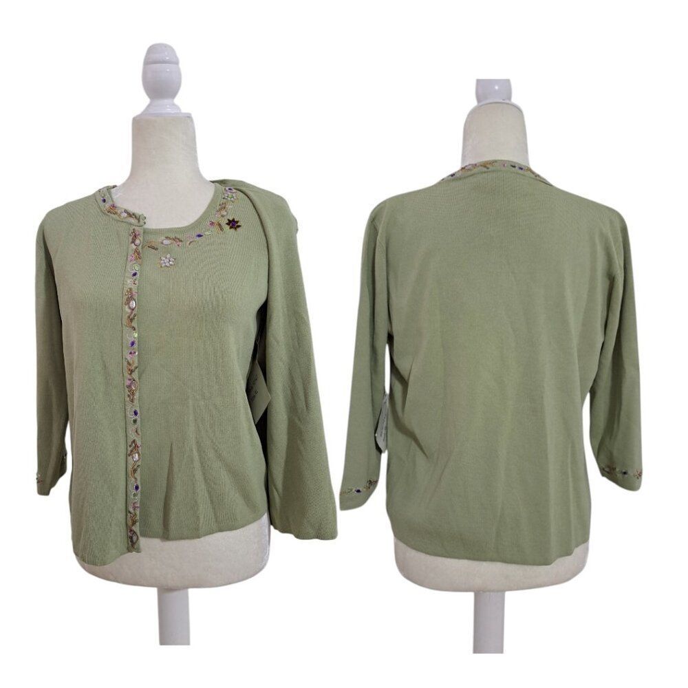 Joseph A. Women's 2 Pc Set Knit Top 3/4 Cardigan Sage Green Rhinestone Sz XL - Picture 3 of 8